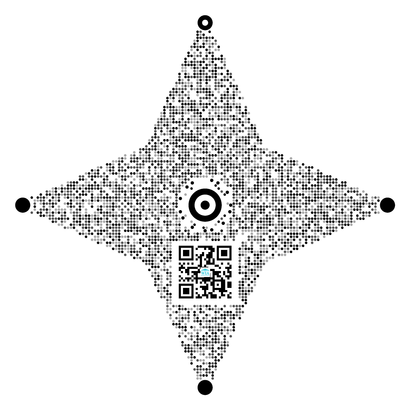 A boomerang-shaped WIA Code with a concentric bullseye core, four satellite anchors and a 24-dot orbit ring. Despite the wing-like outline it is a WIA Code, not a butterfly illustration.