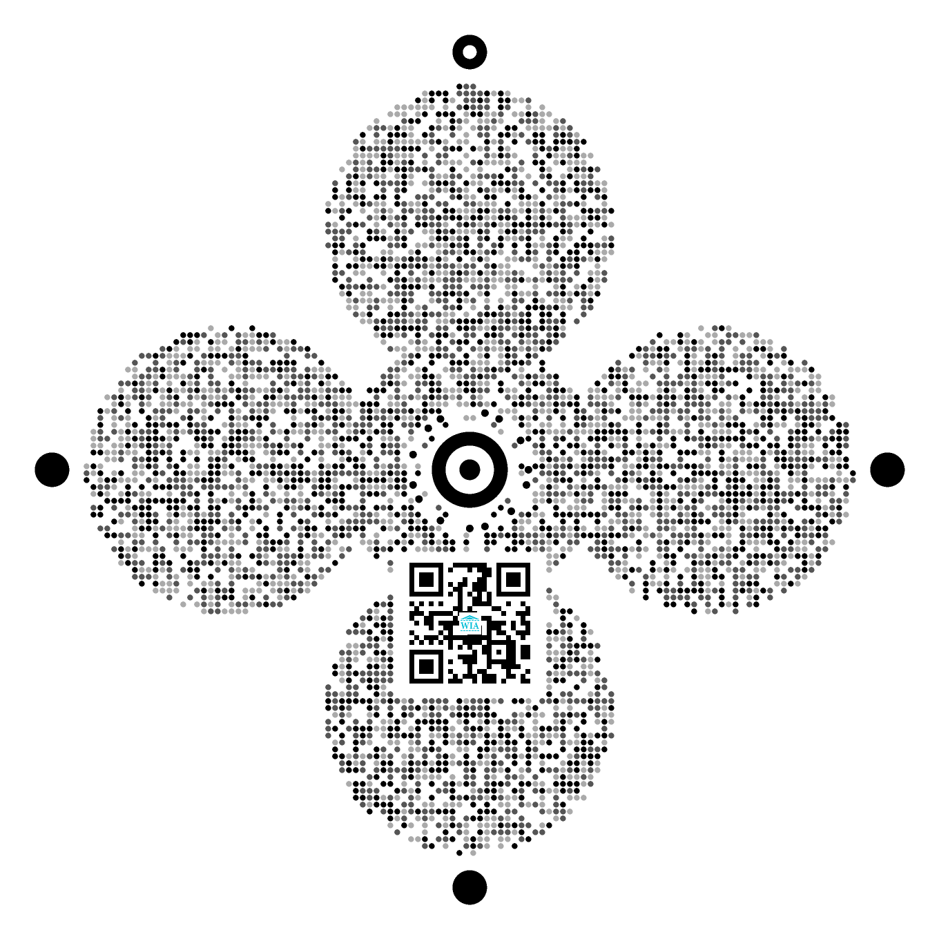 A four-leaf-clover-shaped WIA Code with a concentric bullseye core, four satellite anchors and a 24-dot orbit ring.