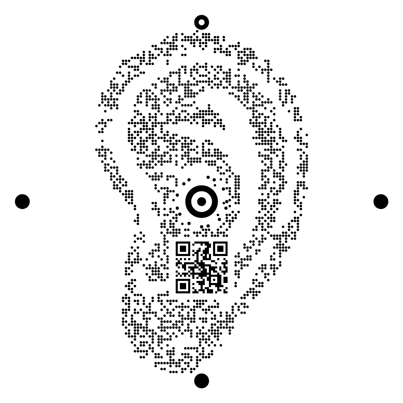 یک WIA Code به شکل گوش: هلیکس، آنتی‌هلیکس و کونکا با کانال‌های سفیدی که در میدان نقاط خالی گذاشته شده‌اند رسم شده‌اند، با هستهٔ bullseye هم‌مرکز درست جایی که مجرای گوش قرار دارد.
