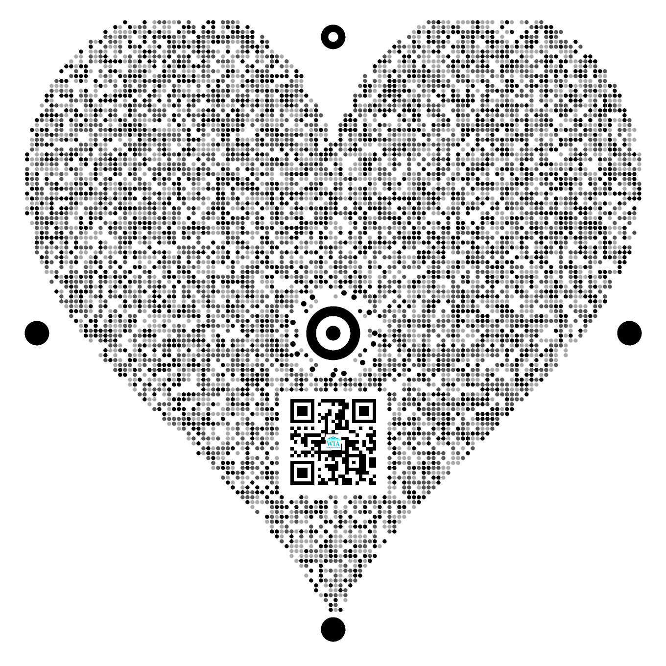 A heart-shaped WIA Code. At its center is a black-and-white concentric bullseye; four round satellite anchors sit at the top, left, right and bottom, the top one being a ring rather than a filled disk; thousands of small grey and black dots fill the heart silhouette; a small standard QR code is embedded just below the bullseye.