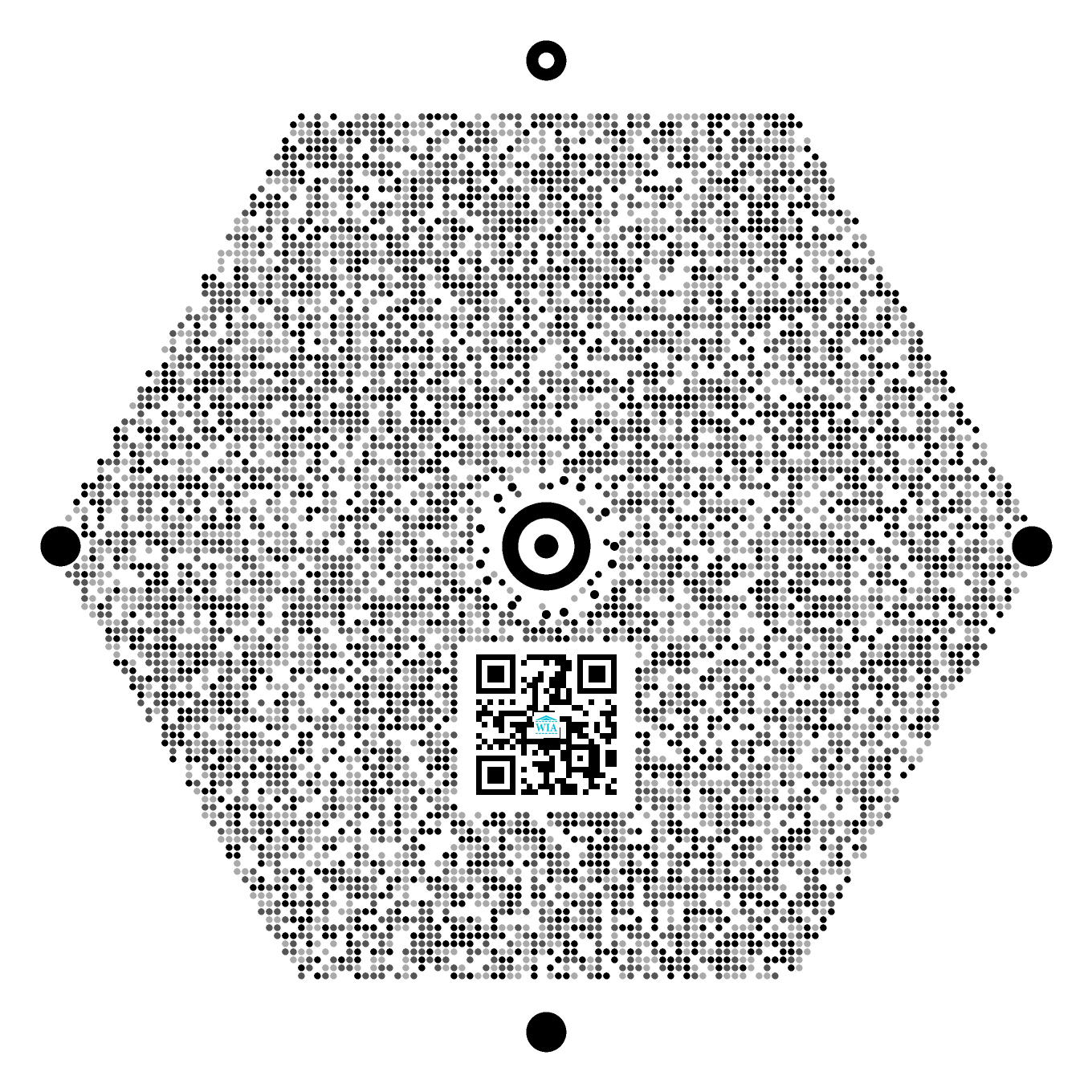 A hexagonal WIA Code with a concentric bullseye core, four satellite anchors and a 24-dot orbit ring.