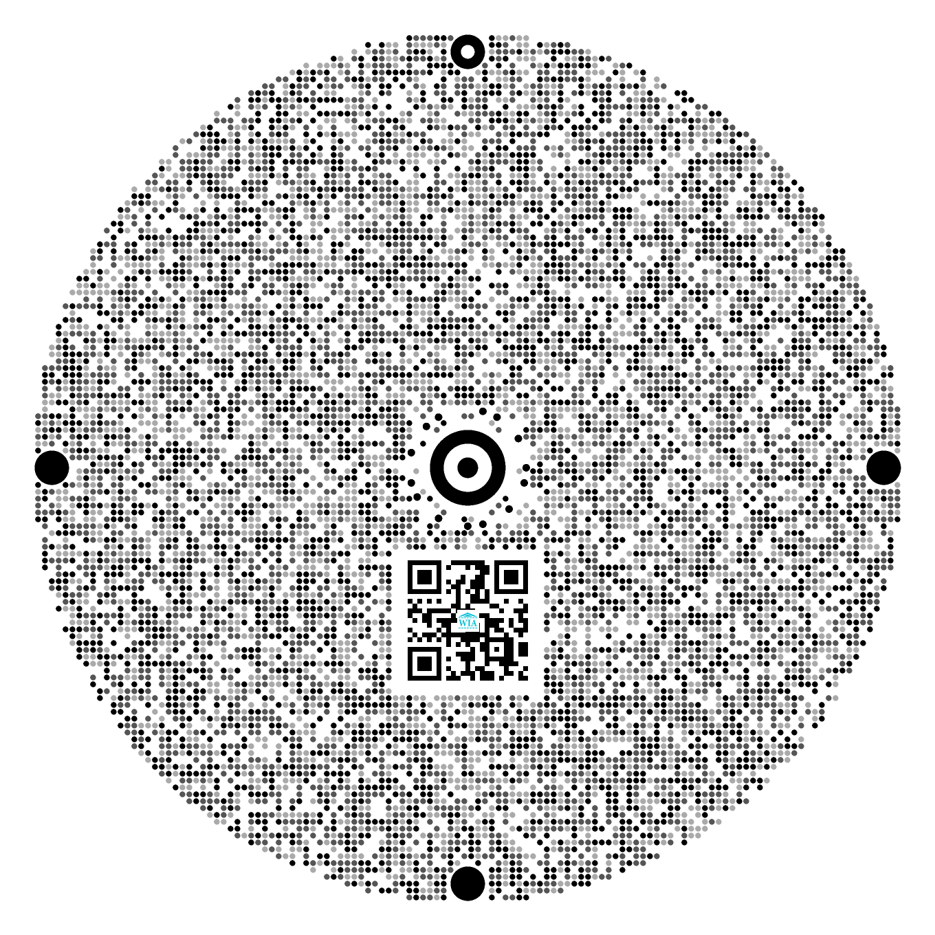 A circular WIA Code: concentric bullseye core at the center, four satellite anchors at 12, 3, 6 and 9 o'clock, 24-dot orbit ring, and round data dots filling the disc.