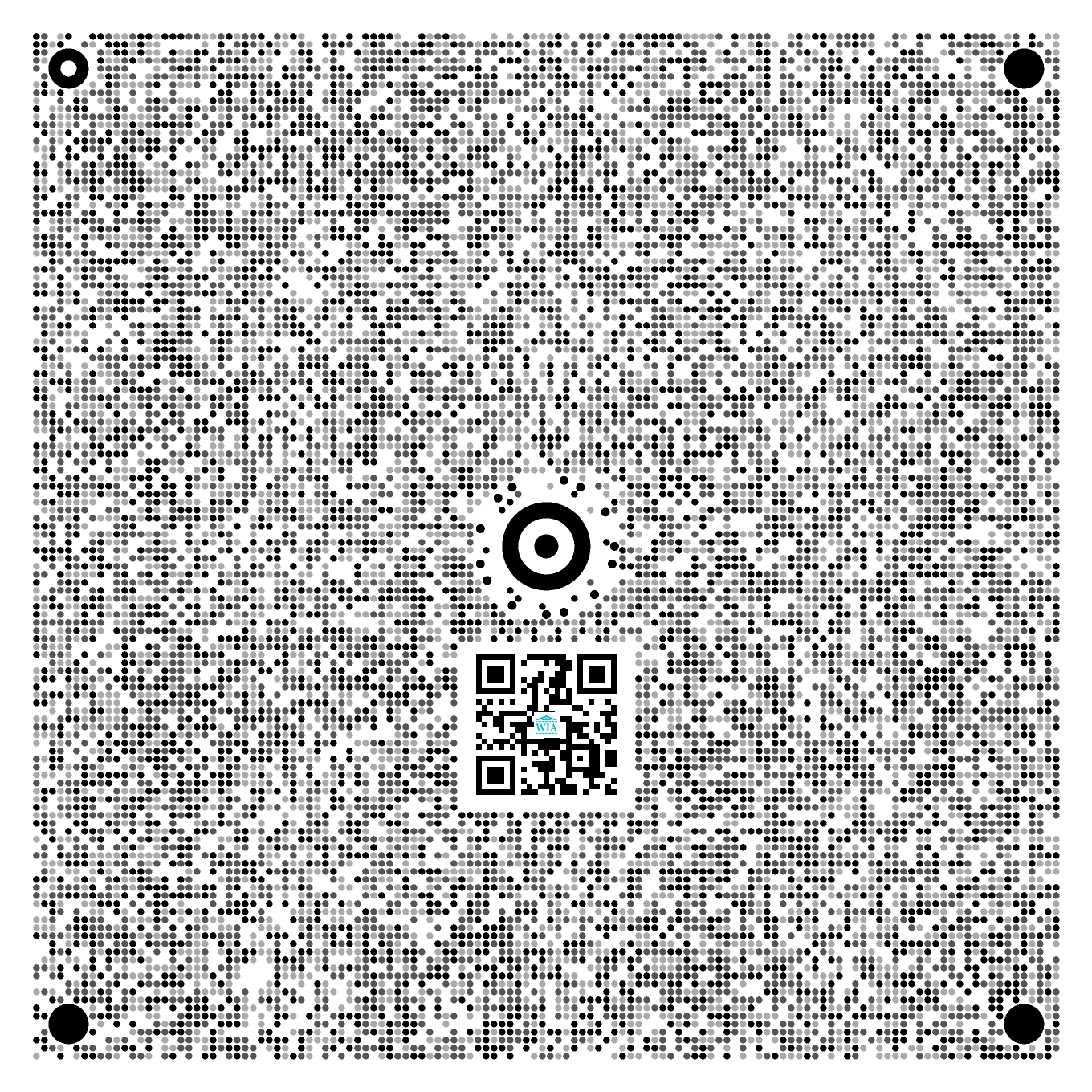 A square WIA Code: concentric bullseye core at the center, four satellite anchors inset from the corners, 24-dot orbit ring, and a dense cloud of round data dots filling the square. Not a QR code — no corner finder patterns.