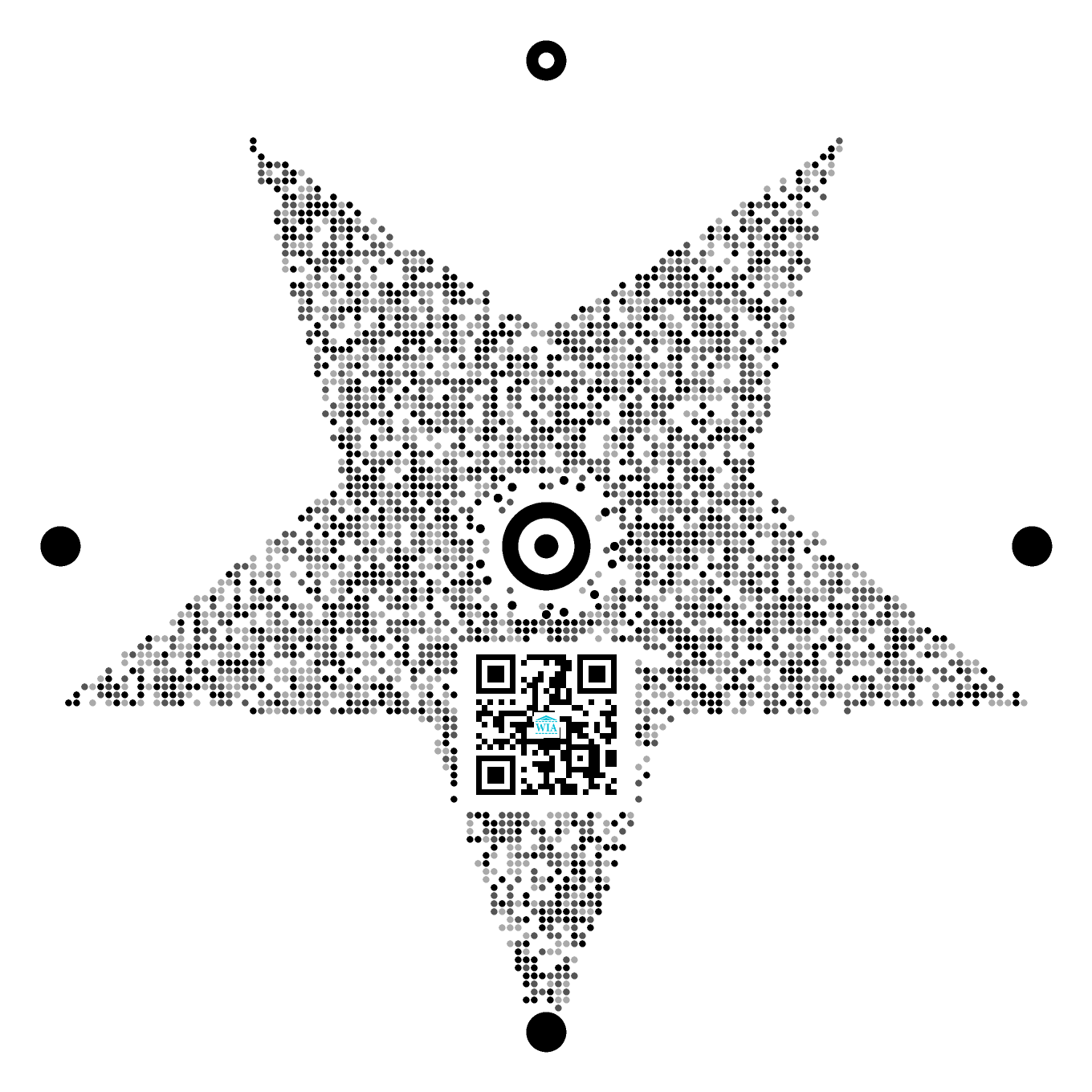 A star-shaped WIA Code with a concentric bullseye core, four satellite anchors and a 24-dot orbit ring.